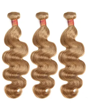 {12A 3Pcs} Light Brown Color #27 Colored Virgin Body Wave 3 Bundles Human Virgin Hair Extensions