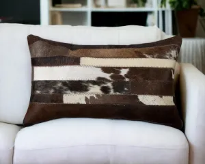 12" X 20" Brown Black and White Abstract Stripes Cowhide Cowhide Throw Pillow