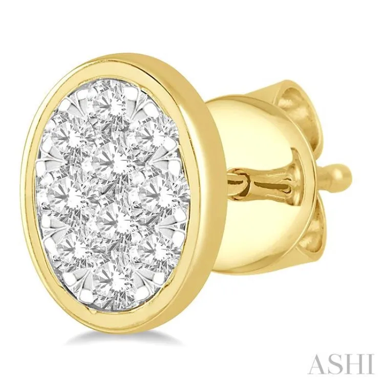 1/3 ctw Oval Shape Lovebright Round Cut Diamond Bezel Stud Earring in 14K Yellow and White Gold