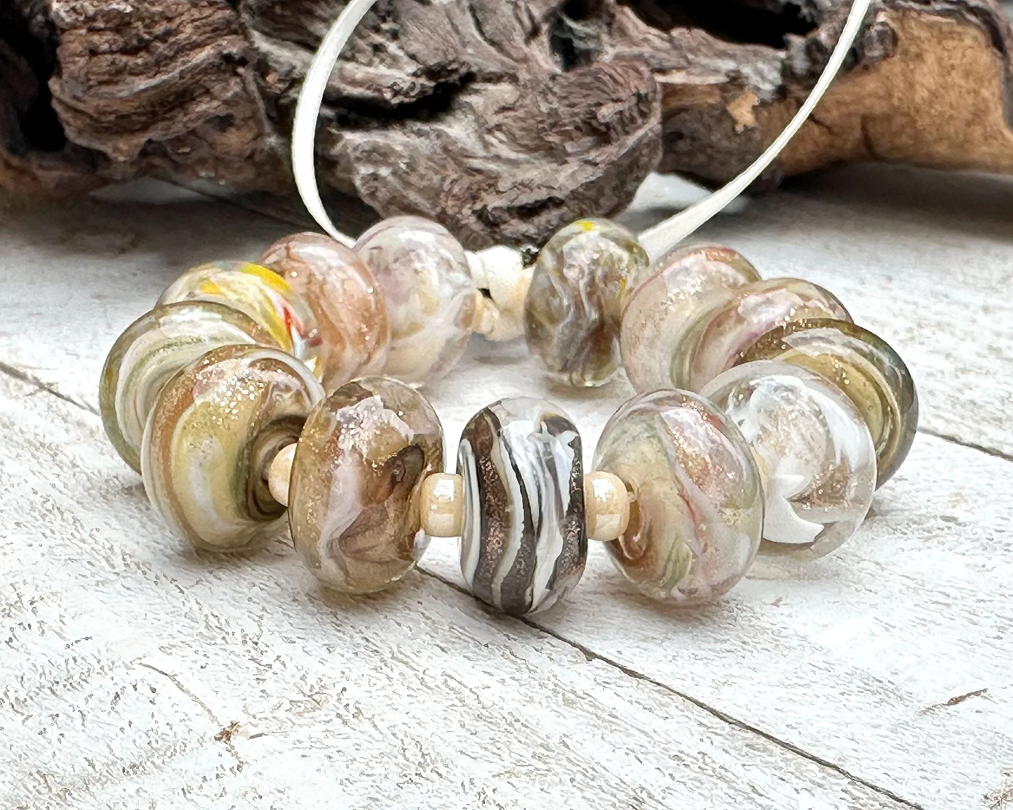 13 Shimmering Neutral Orphan Lampwork Beads Set SRA