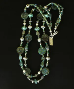 13-Style Mixed Czech Glass & Fire Polished Glass 2-Strand Necklace with Picasso Green Coin Beads, Aqua and Blue Saucer Beads, Matte Blue Glass Pyramids, and Ornate Sterling Silver Beads and Toggle Clasp