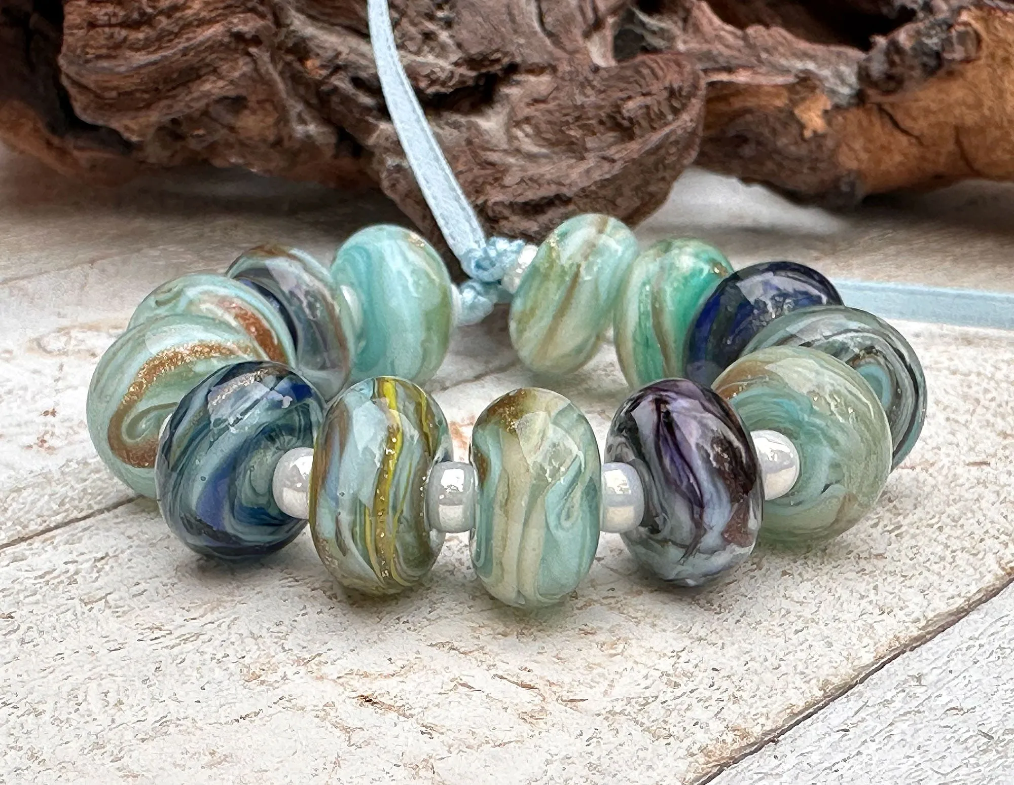 13 Turquoise Shimmer Lampwork Beads Set SRA