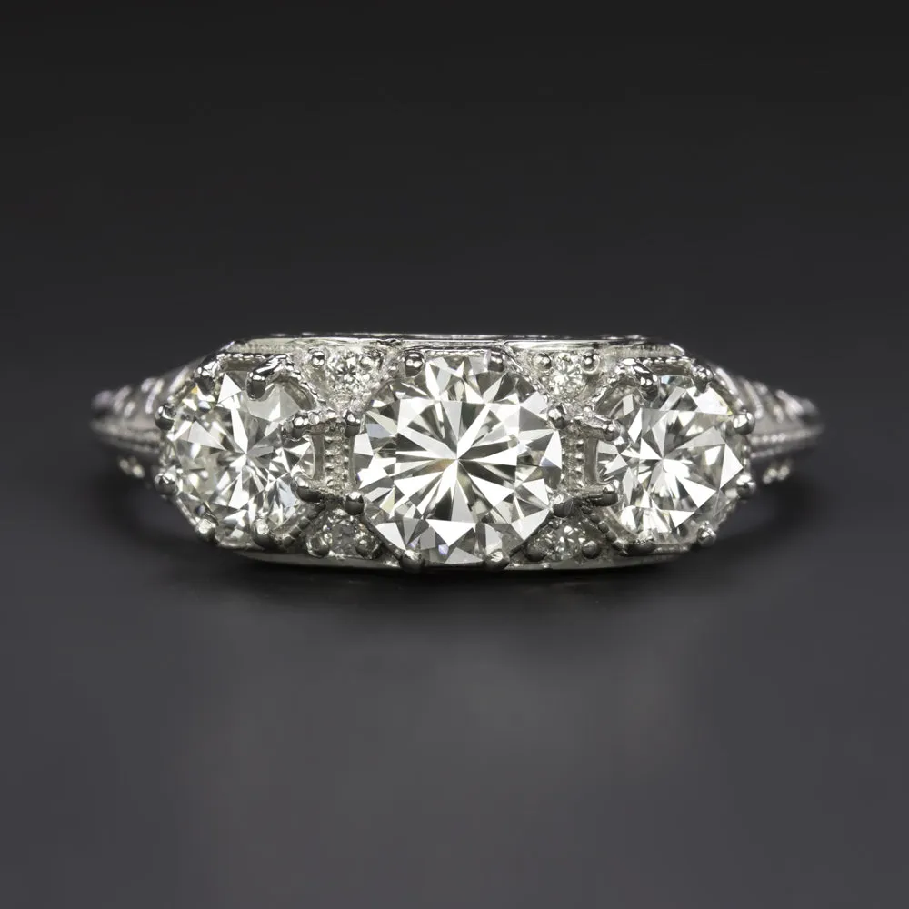 1.35ct VINTAGE STYLE DIAMOND ENGAGEMENT RING PLATINUM 3 STONE ROUND CUT ART DECO