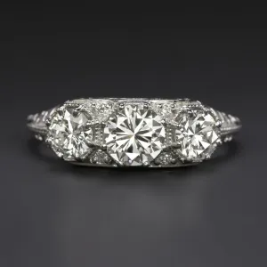 1.35ct VINTAGE STYLE DIAMOND ENGAGEMENT RING PLATINUM 3 STONE ROUND CUT ART DECO