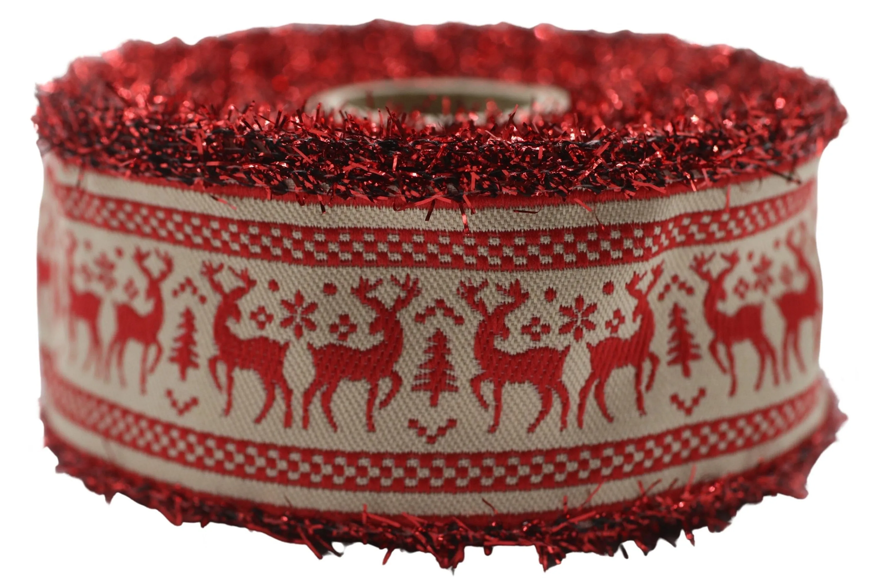 1.37 inch Red Reindeer Jacquard Ribbon, Glittered Christmas Embroidered Trim Tape, New Year trim, Christmas Decor Trim by the yard