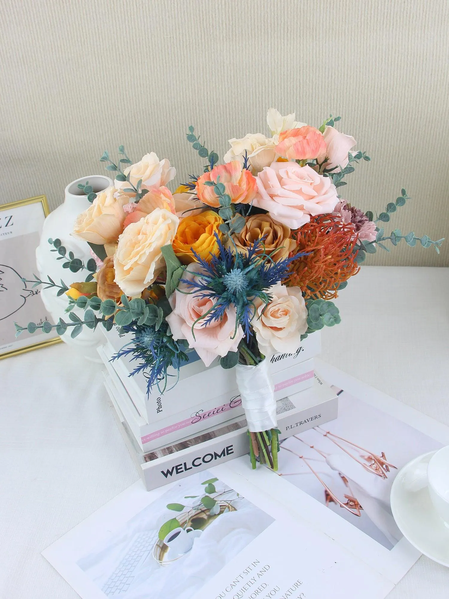 13.7 inch wide Apricot & Blue Bridal Bouquet