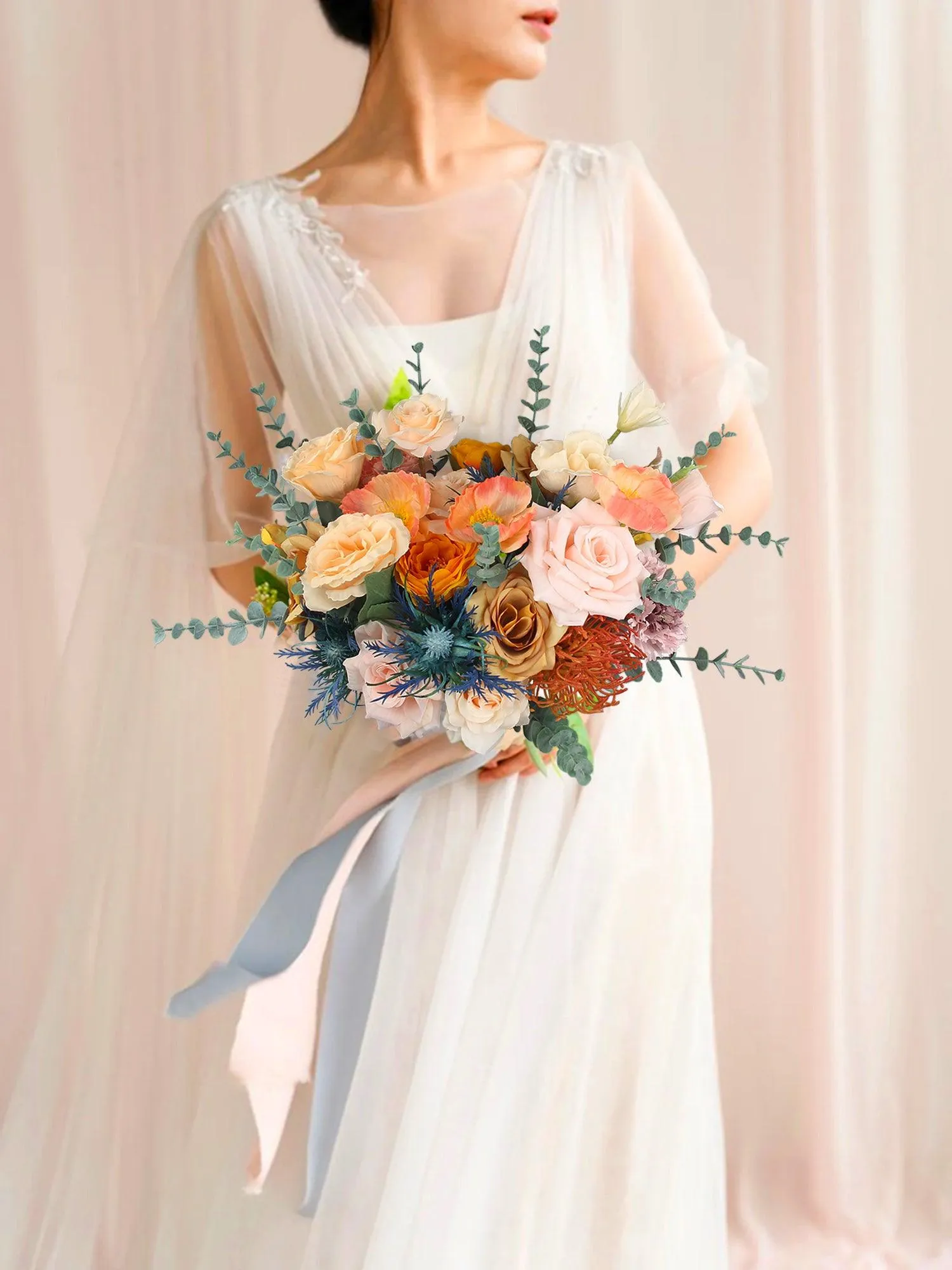 13.7 inch wide Apricot & Blue Bridal Bouquet