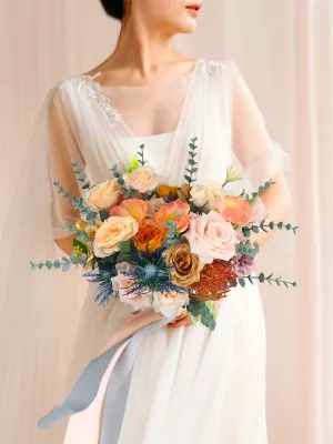 13.7 inch wide Apricot & Blue Bridal Bouquet