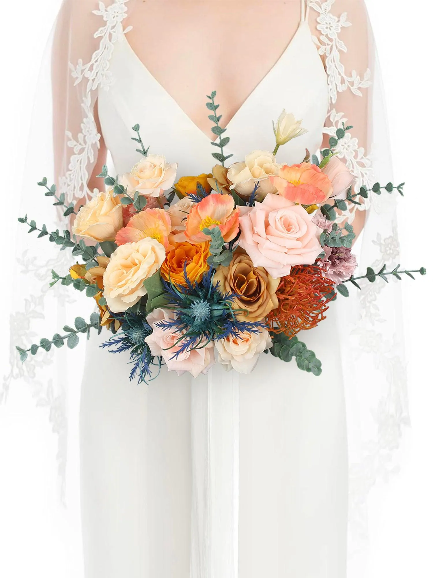 13.7 inch wide Apricot & Blue Bridal Bouquet