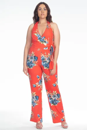 13705 Orange Floral Halterneck Jumpsuit