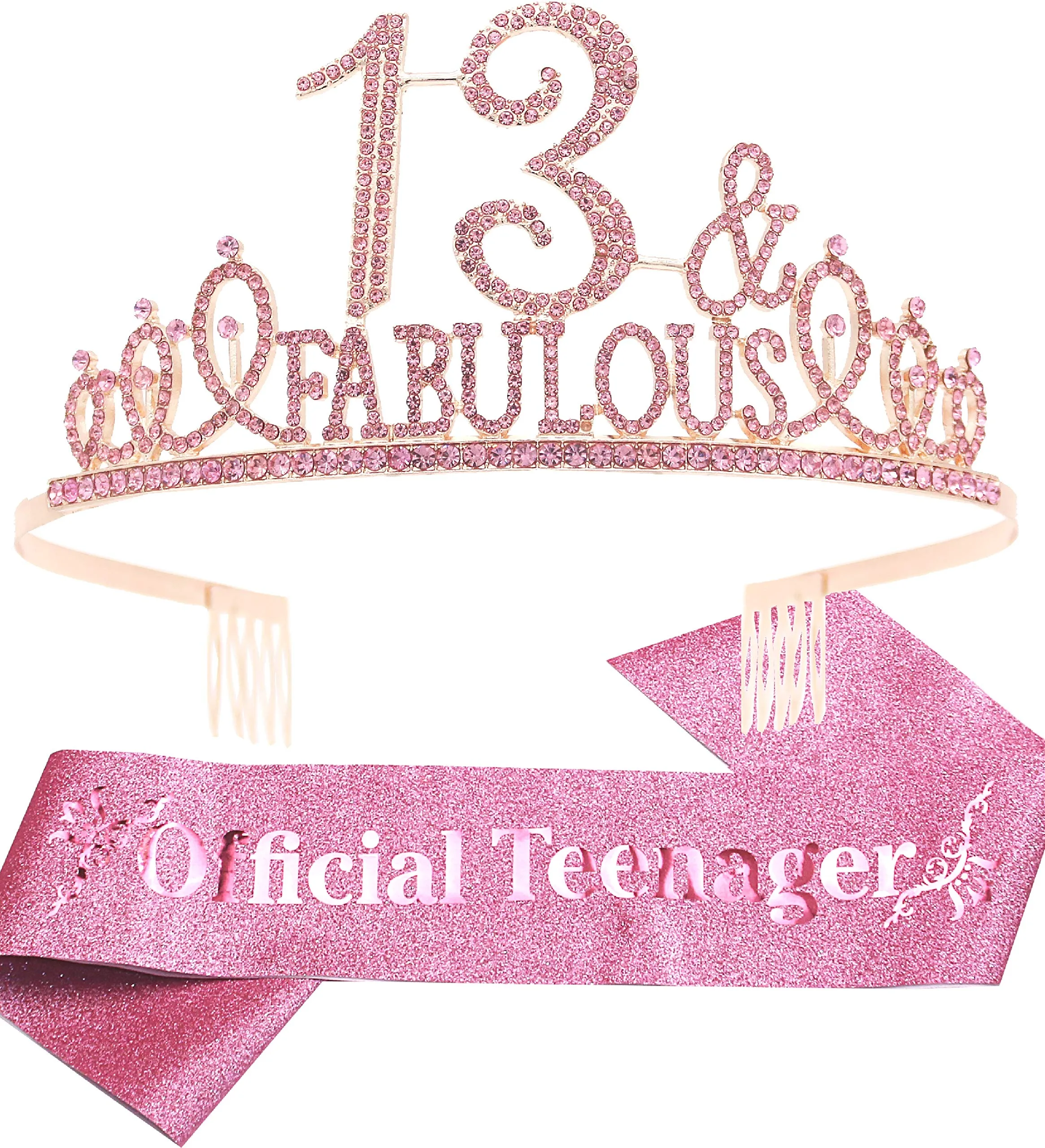 13th Birthday Gifts for Girl,13th Birthday Tiara and Sash Pink,13th Birthday Decorations