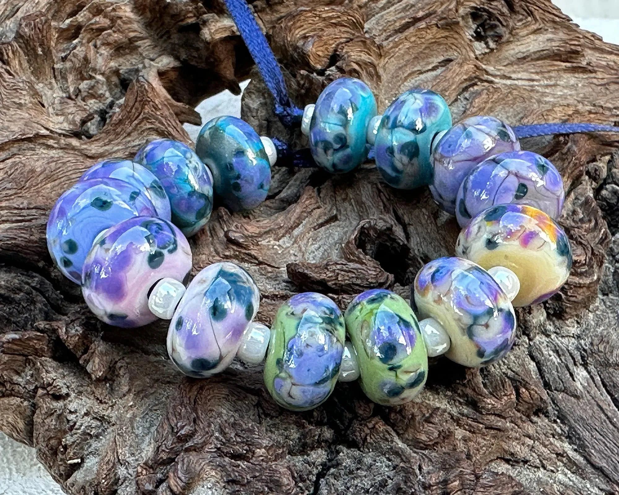 14 Blueberry Bliss Mosaic Lampwork Beads Set SRA