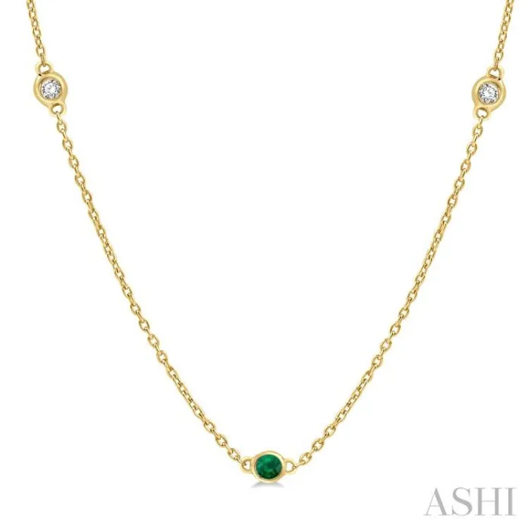 1/4 ctw Round Cut Diamond and 2.25MM Emerald Precious Station Necklace in 14K Yellow Gold