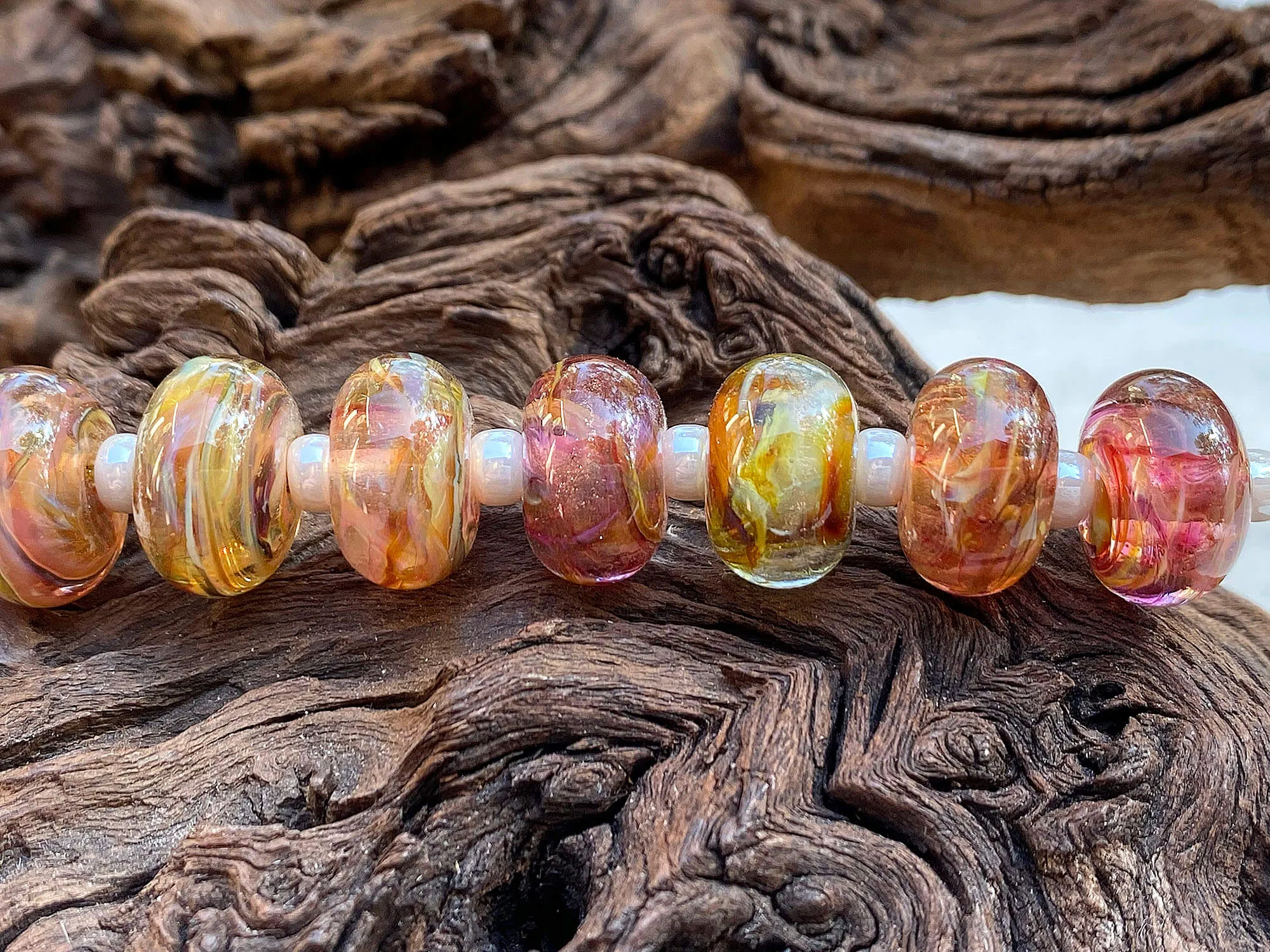 14 Handmade Fall Ruby Topaz Lampwork Beads Set SRA