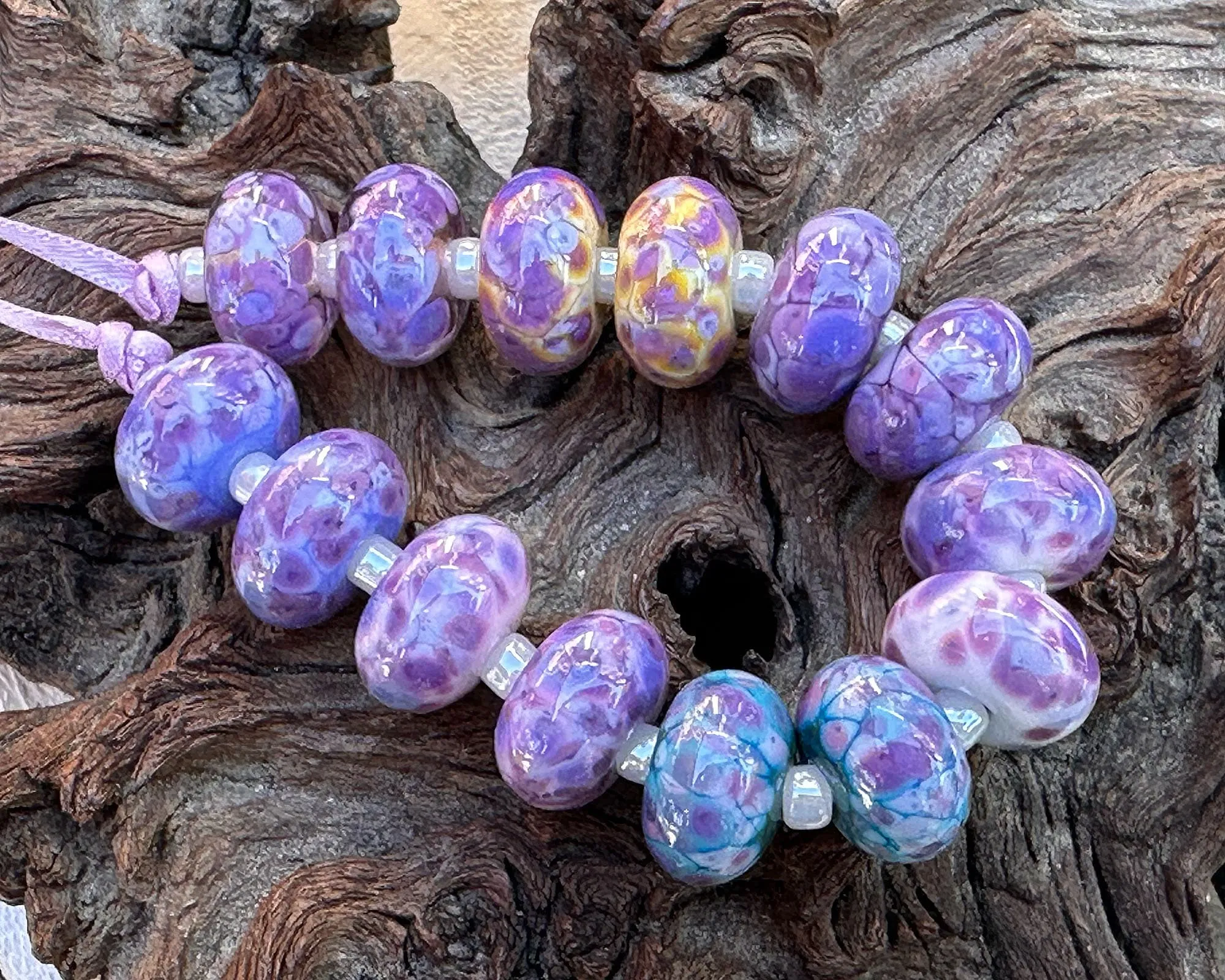 14 Vibrant Purple Mosaic Lampwork Beads Set SRA