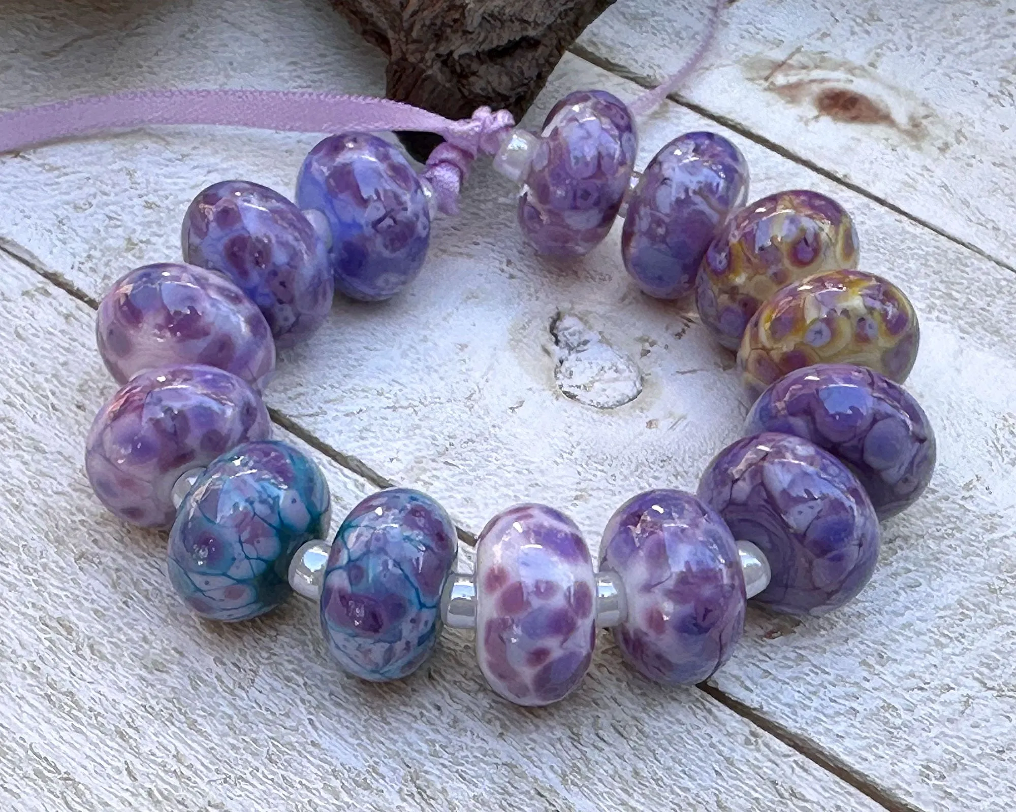 14 Vibrant Purple Mosaic Lampwork Beads Set SRA