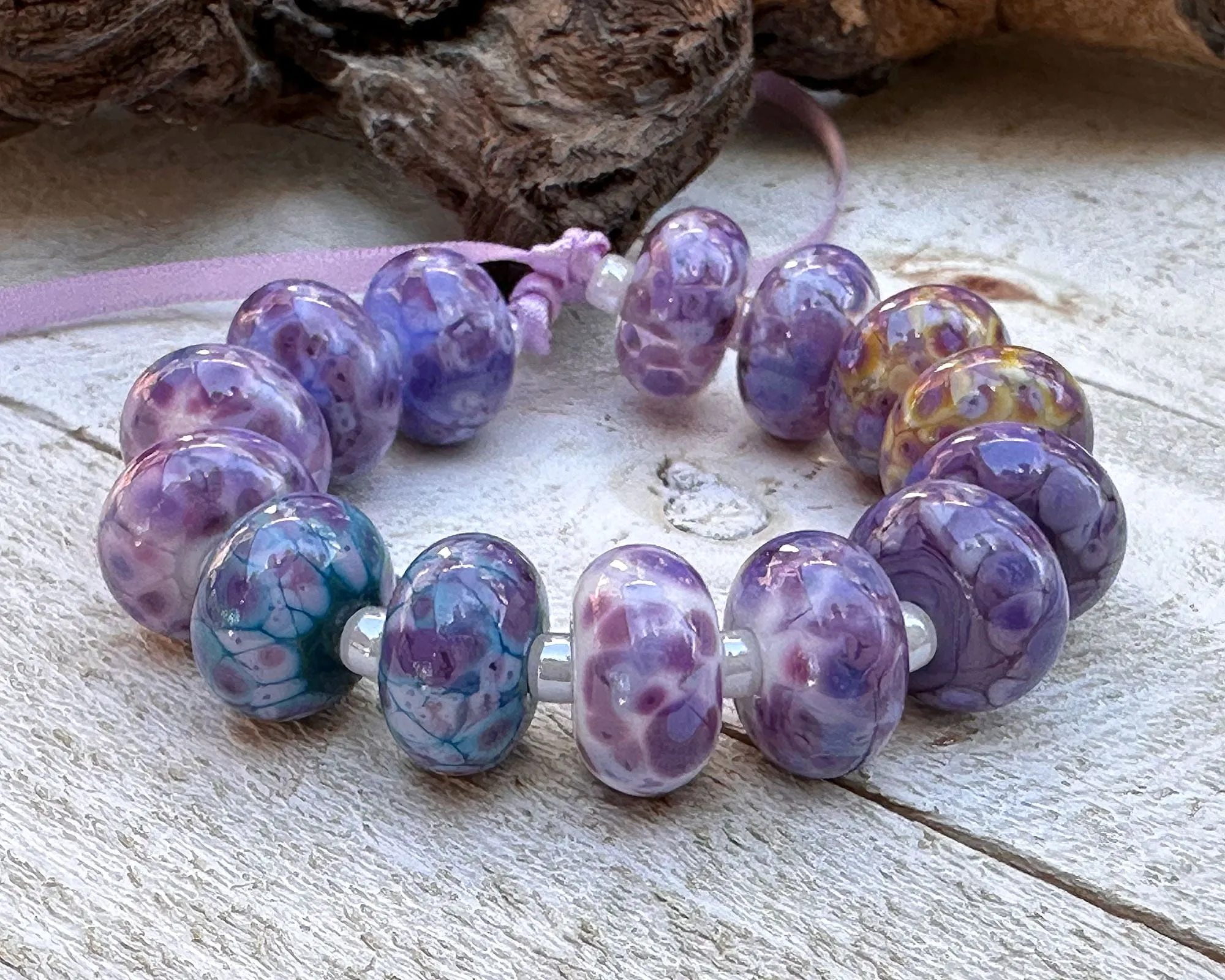 14 Vibrant Purple Mosaic Lampwork Beads Set SRA