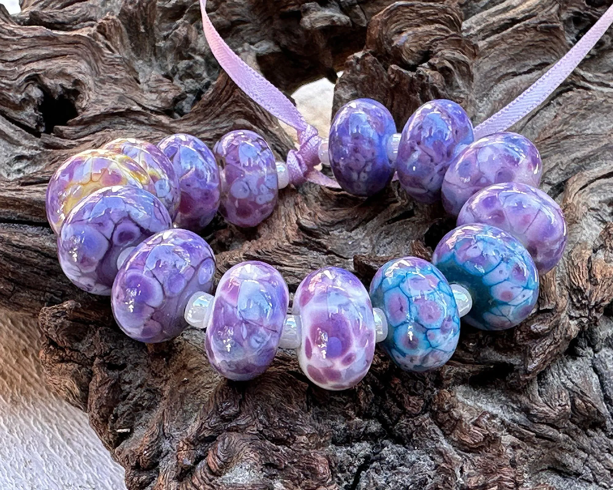 14 Vibrant Purple Mosaic Lampwork Beads Set SRA