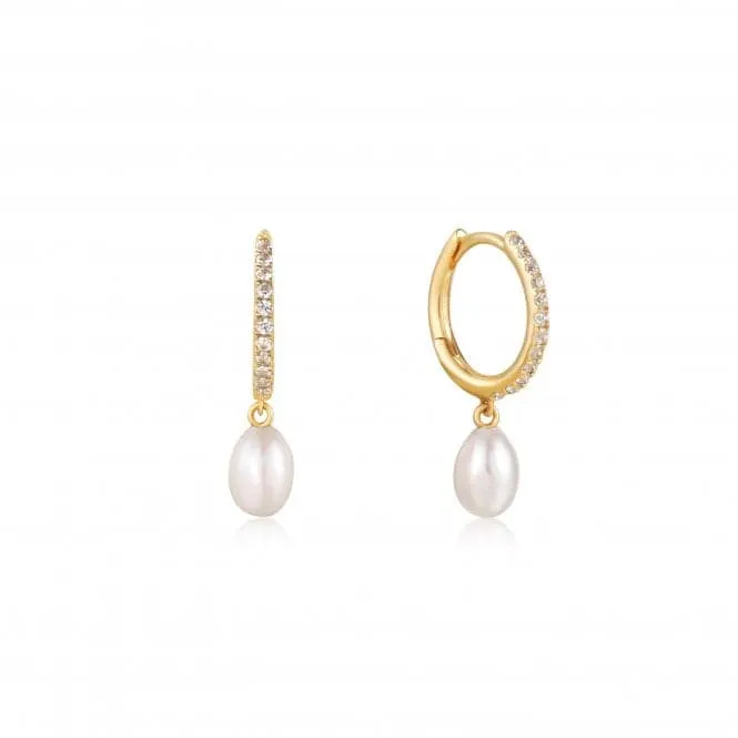 14ct Gold Pearl Drop And White Sapphire Huggie Hoop Earrings  EAU003-03YG