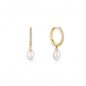 14ct Gold Pearl Drop And White Sapphire Huggie Hoop Earrings  EAU003-03YG