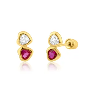 14E00282. - 14 Karat Yellow Gold Twin Hearts Red and Clear CZ  Screw Back Earring