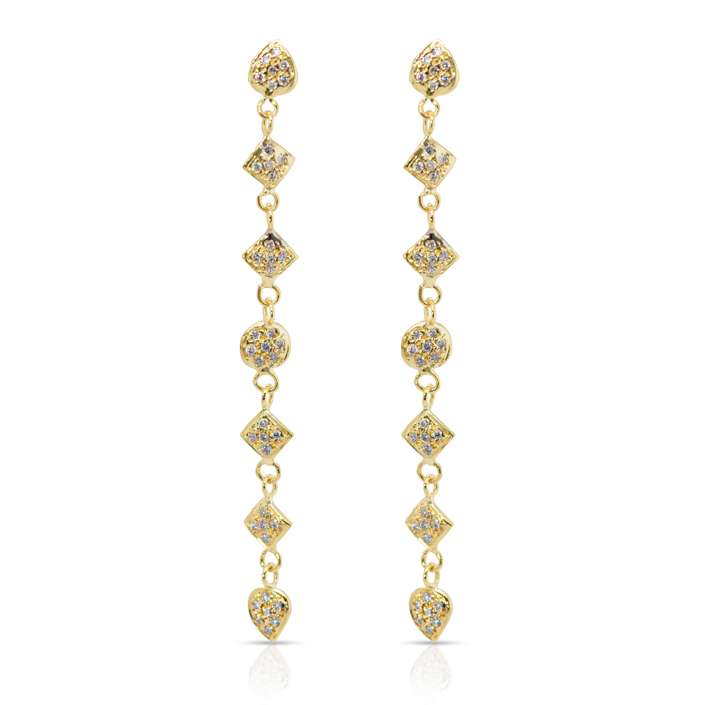 14K Gold Diamond Pave Tiny Shapes Long Earrings