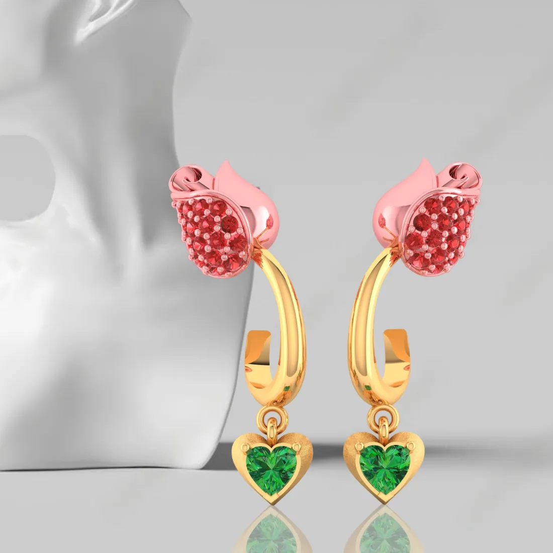 14k Gold Earrings With Stone-studded Yellow Flower Design And A Heart Drop