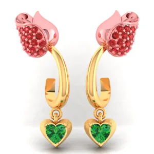 14k Gold Earrings With Stone-studded Yellow Flower Design And A Heart Drop