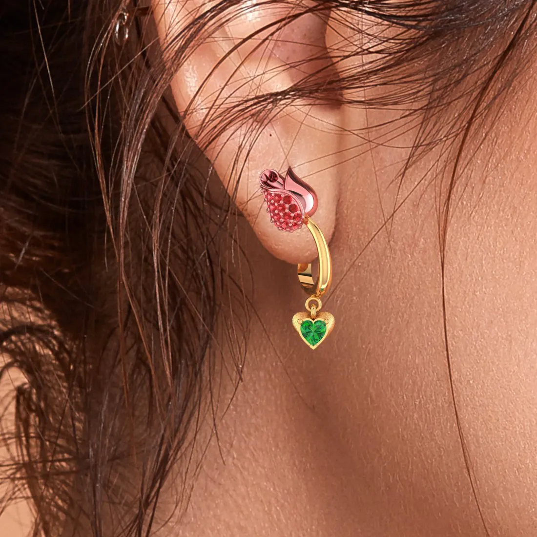 14k Gold Earrings With Stone-studded Yellow Flower Design And A Heart Drop