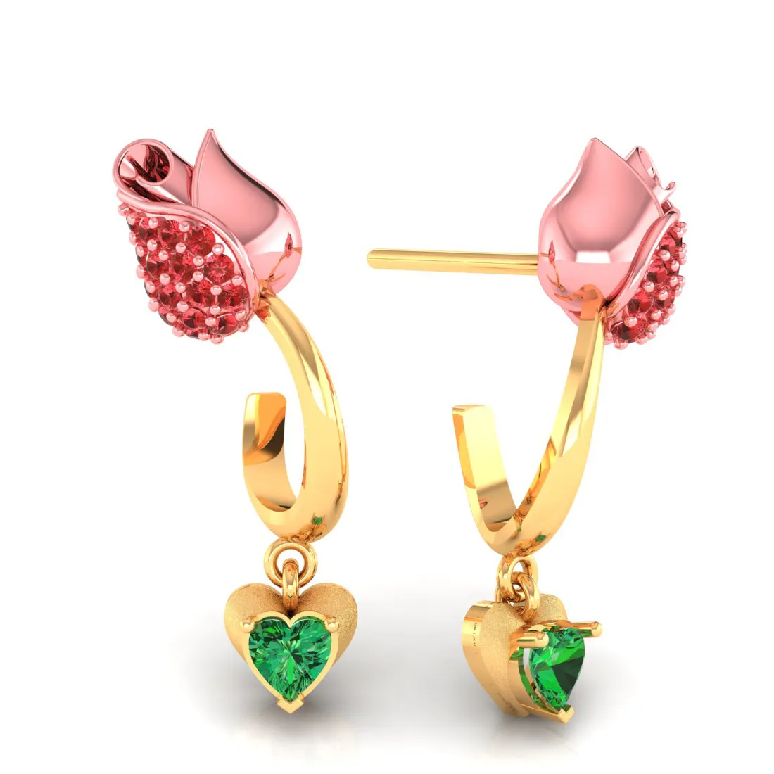 14k Gold Earrings With Stone-studded Yellow Flower Design And A Heart Drop