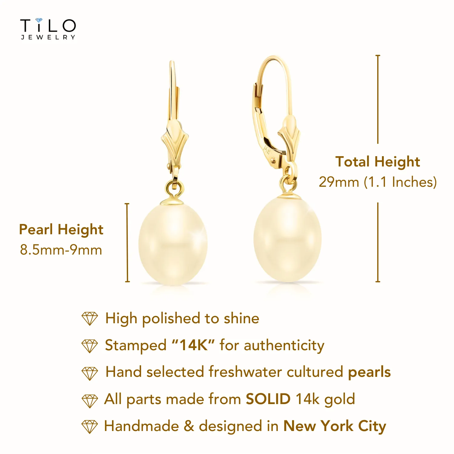 14k Gold Freshwater Pearl Dangle Earrings, #42679