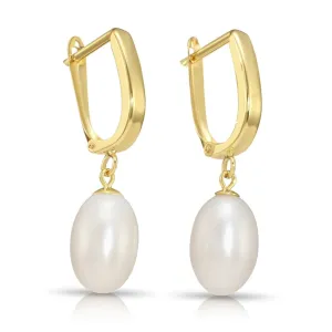 14K Gold Freshwater Pearl Drop Earrings, Huggie Design