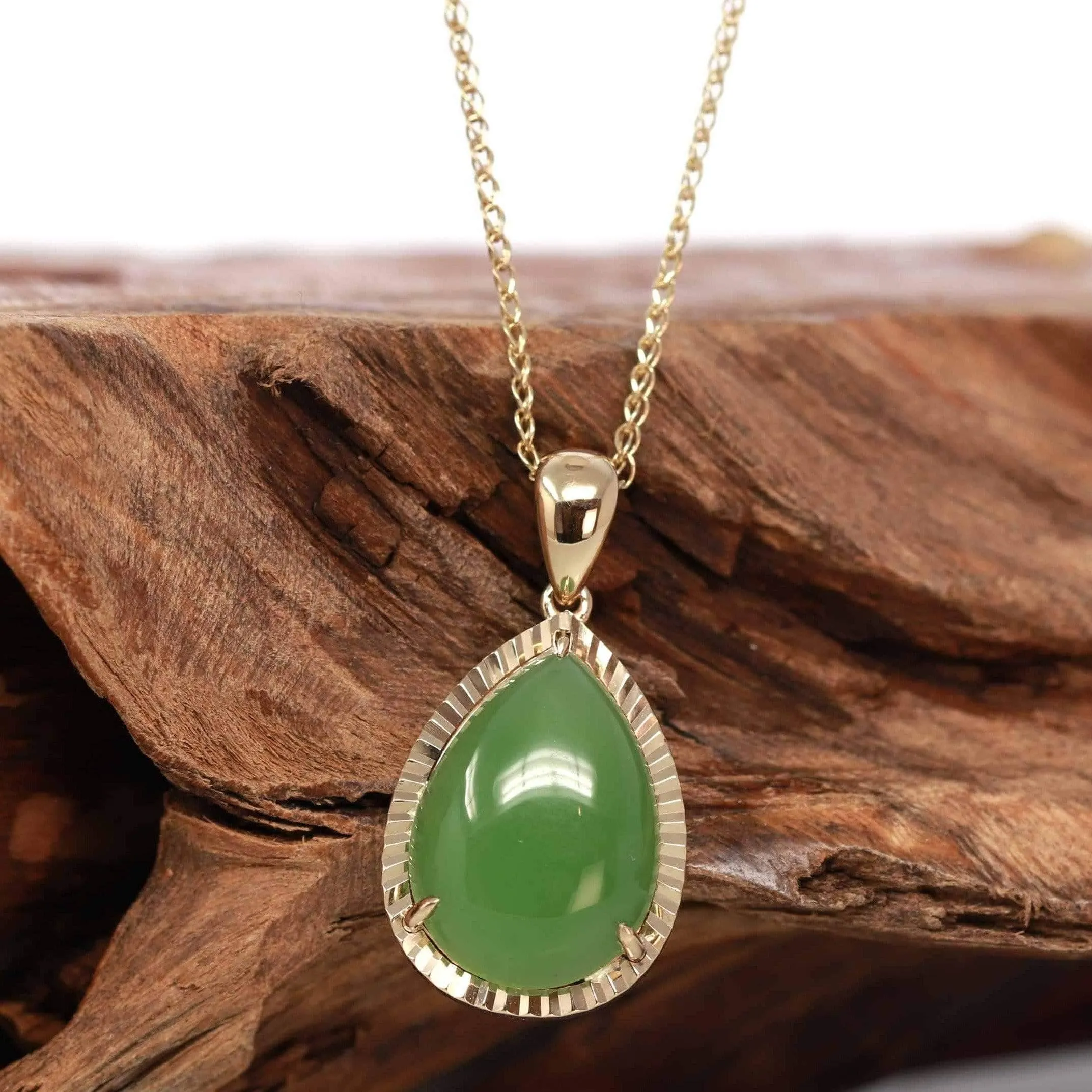 14K Gold Genuine Green Apple Green Jade Tear Drop Diamond Cut Pendant Necklace