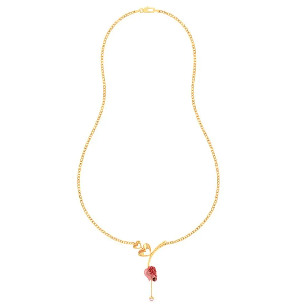 14k Gold Necklace With Double Hearts On A Stone-studded Tulip And A Pearl Drop