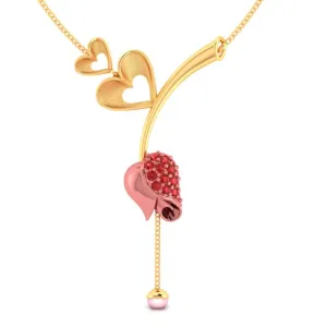 14k Gold Necklace With Double Hearts On A Stone-studded Tulip And A Pearl Drop