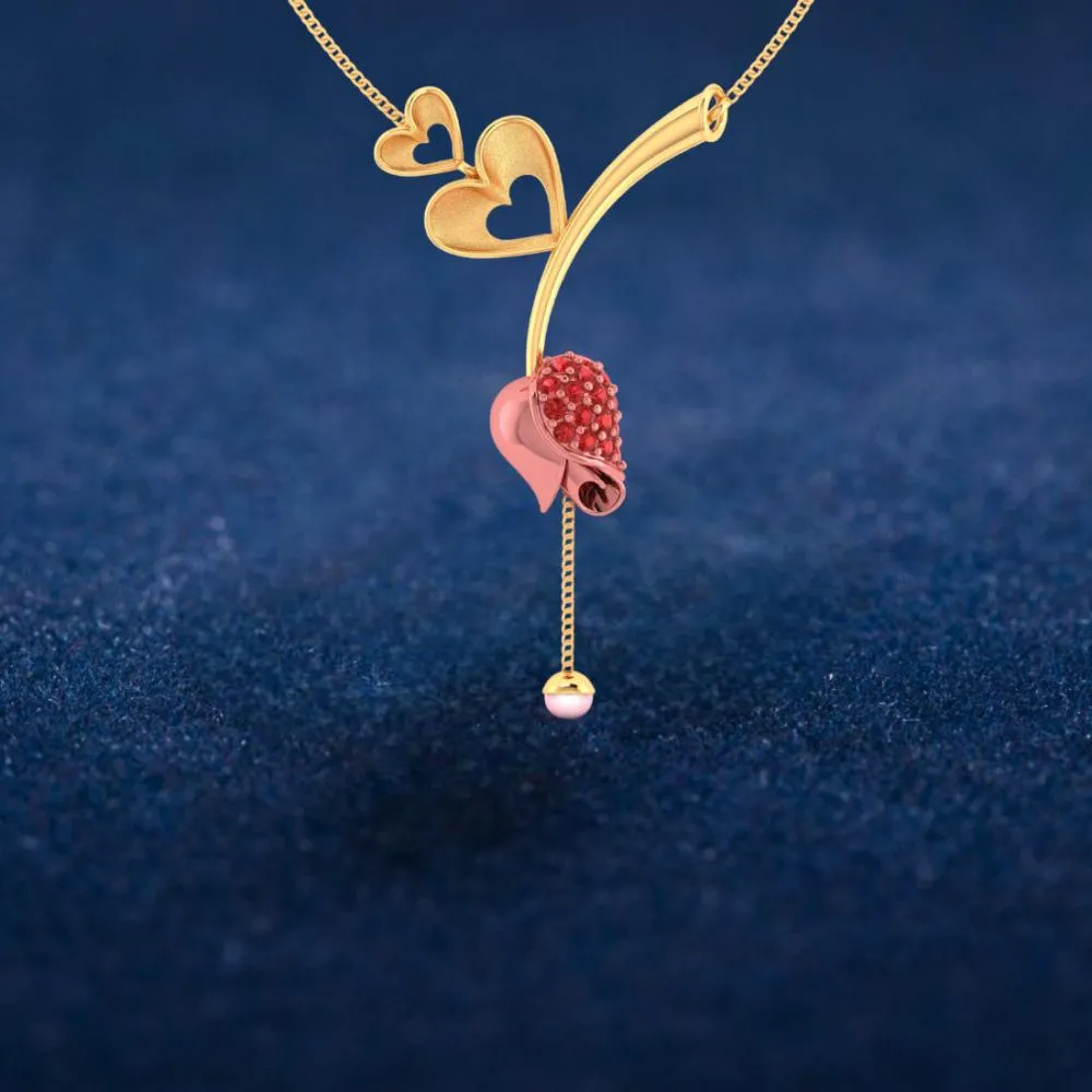 14k Gold Necklace With Double Hearts On A Stone-studded Tulip And A Pearl Drop