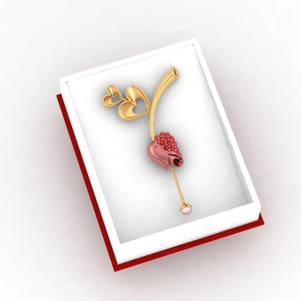 14k Gold Necklace With Double Hearts On A Stone-studded Tulip And A Pearl Drop