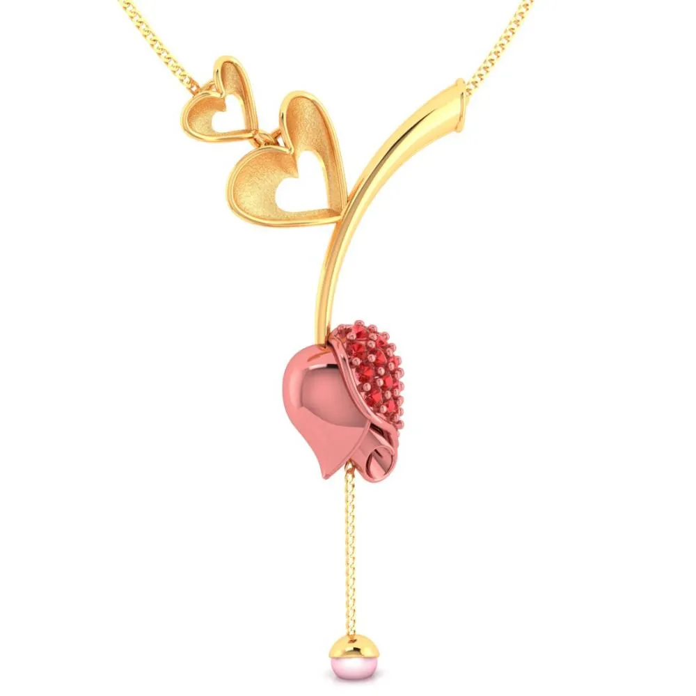 14k Gold Necklace With Double Hearts On A Stone-studded Tulip And A Pearl Drop