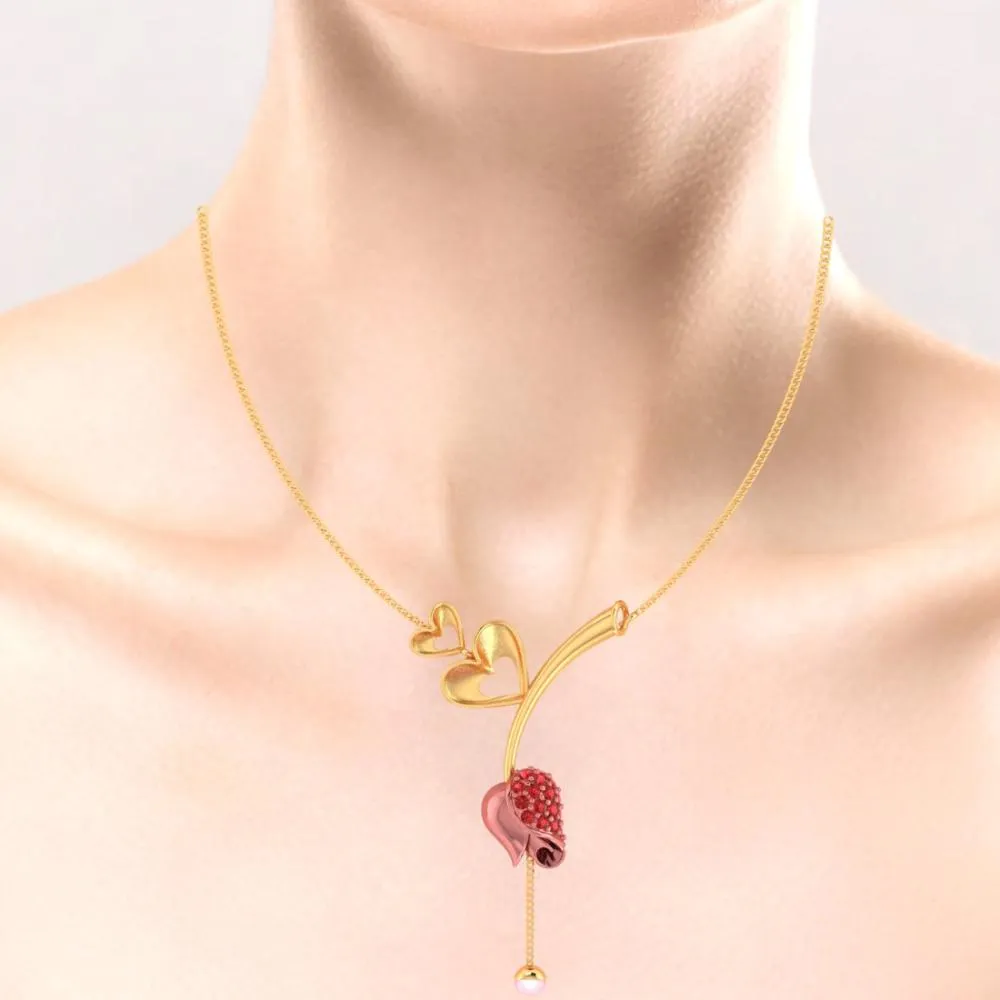 14k Gold Necklace With Double Hearts On A Stone-studded Tulip And A Pearl Drop