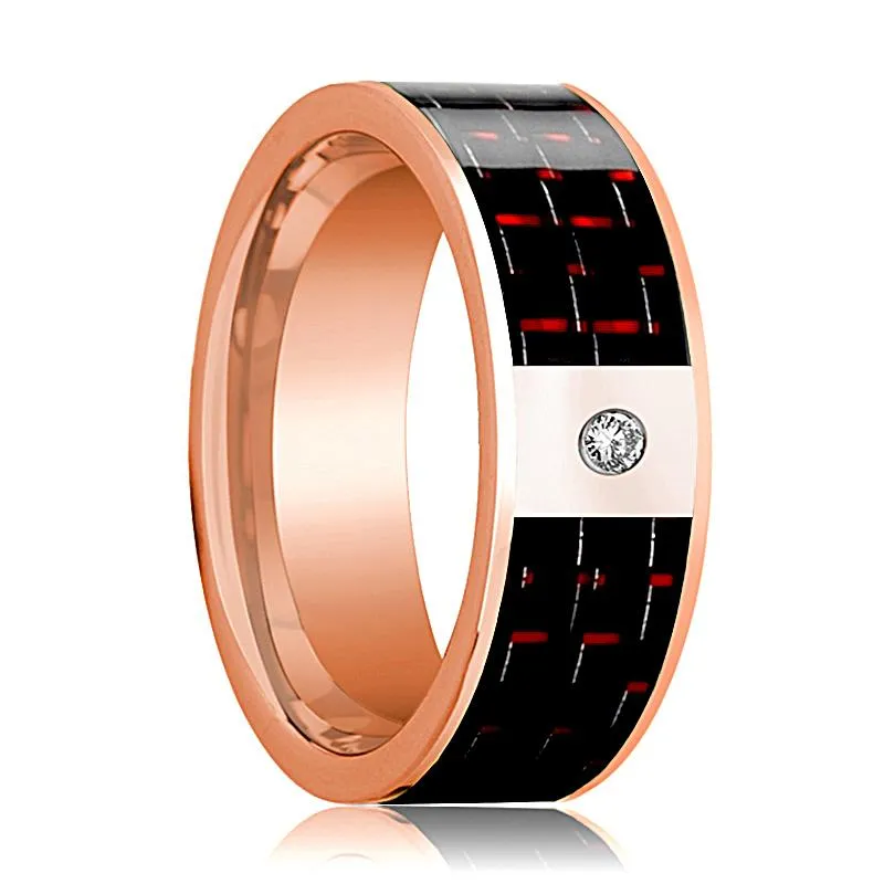 14k Rose Gold Flat Ring with White Diamond Setting & Black & Red Carbon Fiber Inlay