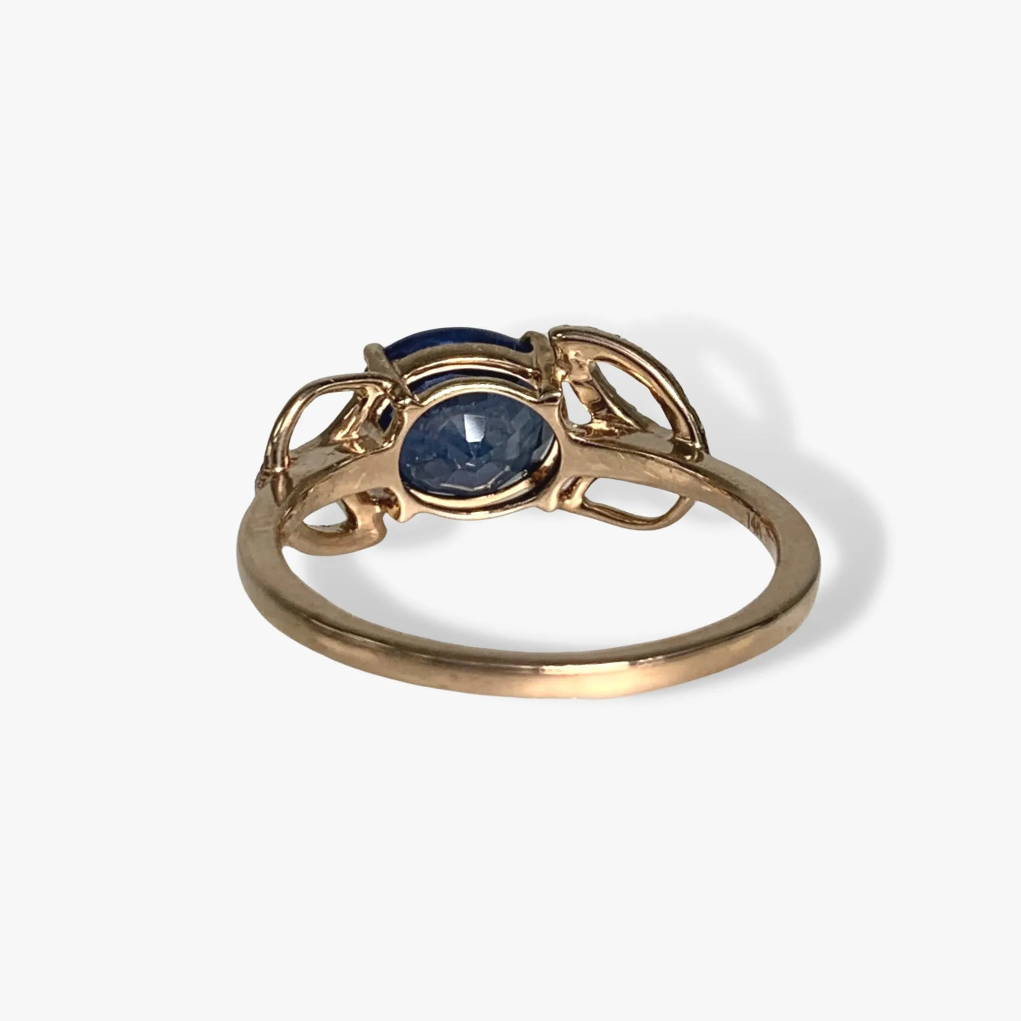 14k Rose Gold Oval Cut Blue Sapphire and Diamond Floral Ring