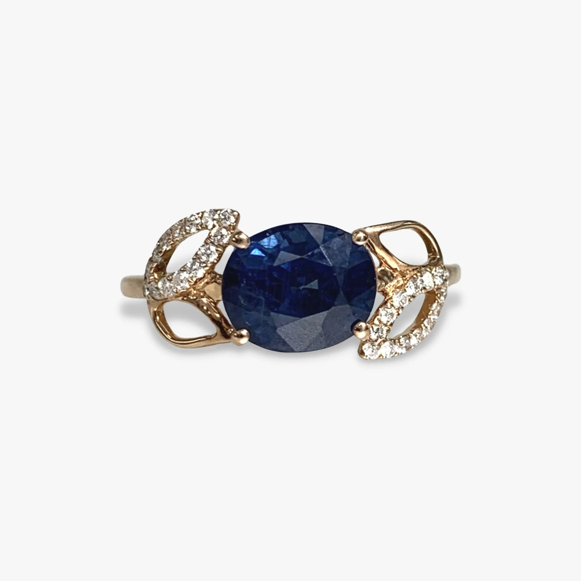 14k Rose Gold Oval Cut Blue Sapphire and Diamond Floral Ring