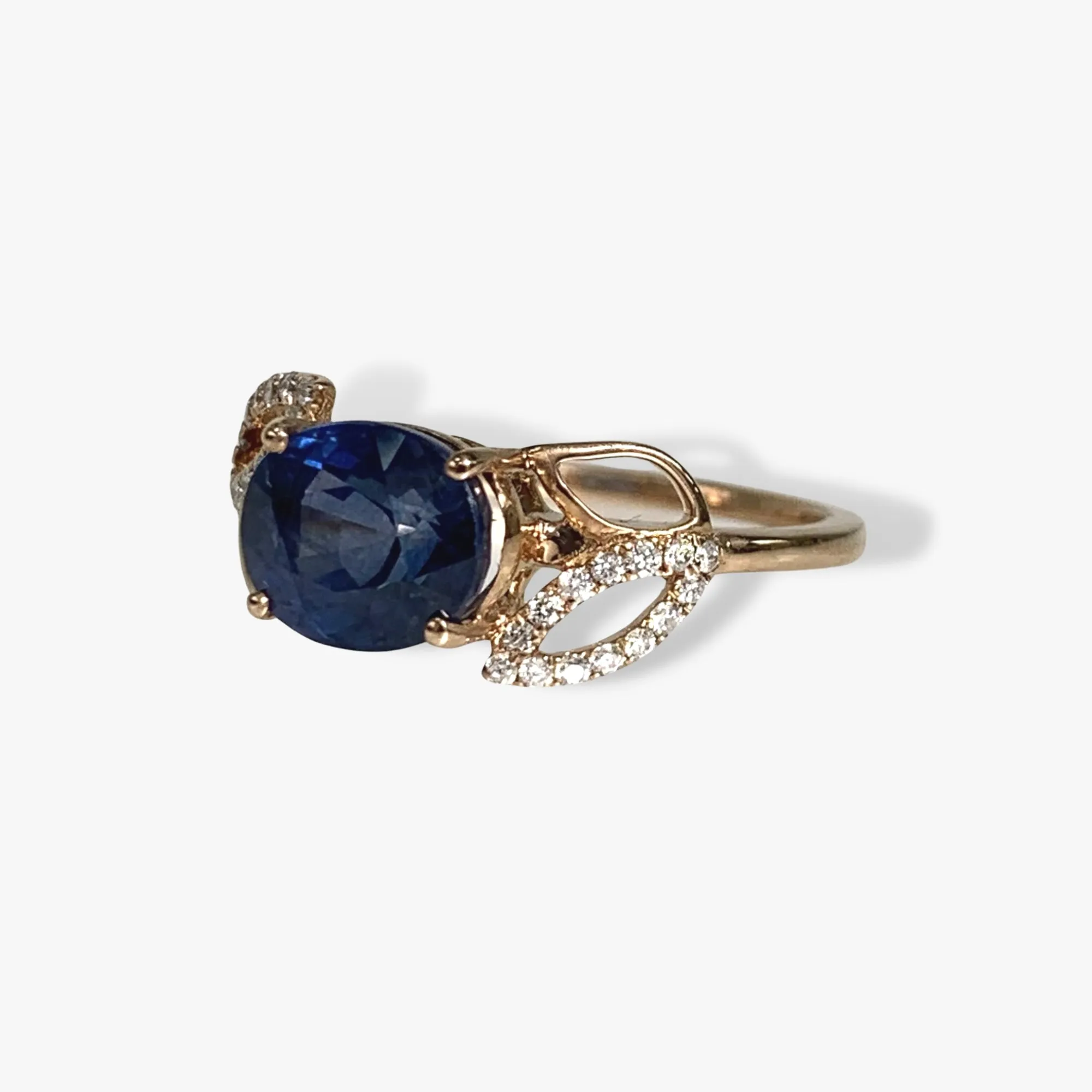 14k Rose Gold Oval Cut Blue Sapphire and Diamond Floral Ring