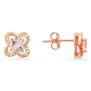 14k Rose Gold Over Silver Morganite CZ Flower Stud Earrings