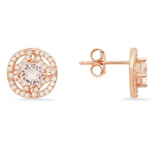 14k Rose Gold Over Silver Vintage Halo Morganite CZ Stud Earrings