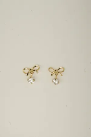 14K Solid Gold Dainty Bow CZ Dangle Stud Earring