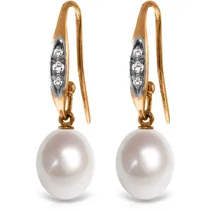 14K Solid Rose Gold Fish Hook Diamond & Pearl Earrings