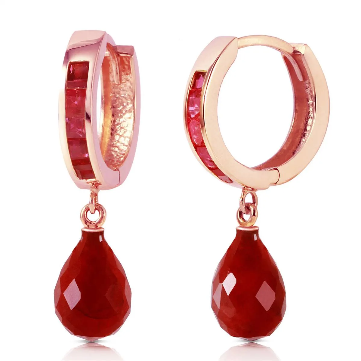 14K Solid Rose Gold Hoop Dangling Ruby Earrings