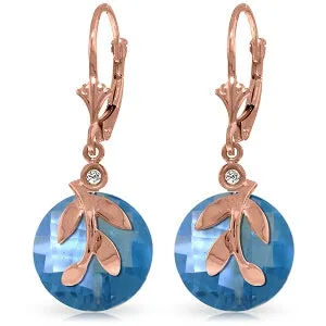 14K Solid Rose Gold Leverback Earrings Blue Topaz & Diamond Certified