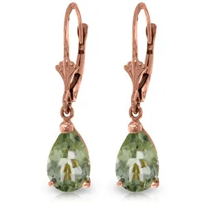 14K Solid Rose Gold Leverback Earrings Green Amethyst Genuine